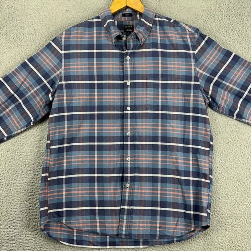 J Crew Flex Oxford Button Down Shirt Men Large Blue Plaid Slim Fit Pocket Casual